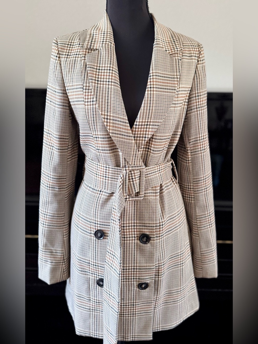 Forever 21 Plaid Belted Double-Breasted Trench Coat in Taupe, Cream & Black